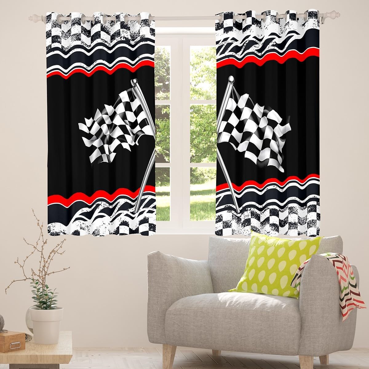 Feelyou Kids Race Car 30%-50% Blackout Curtains Race Track Window Curtains Karting Road Darkening Drapes for Bedroom Kids Boys Girls Racing Flag Living Room Window Treatments (2 Panels, 52 x 63 Inch)