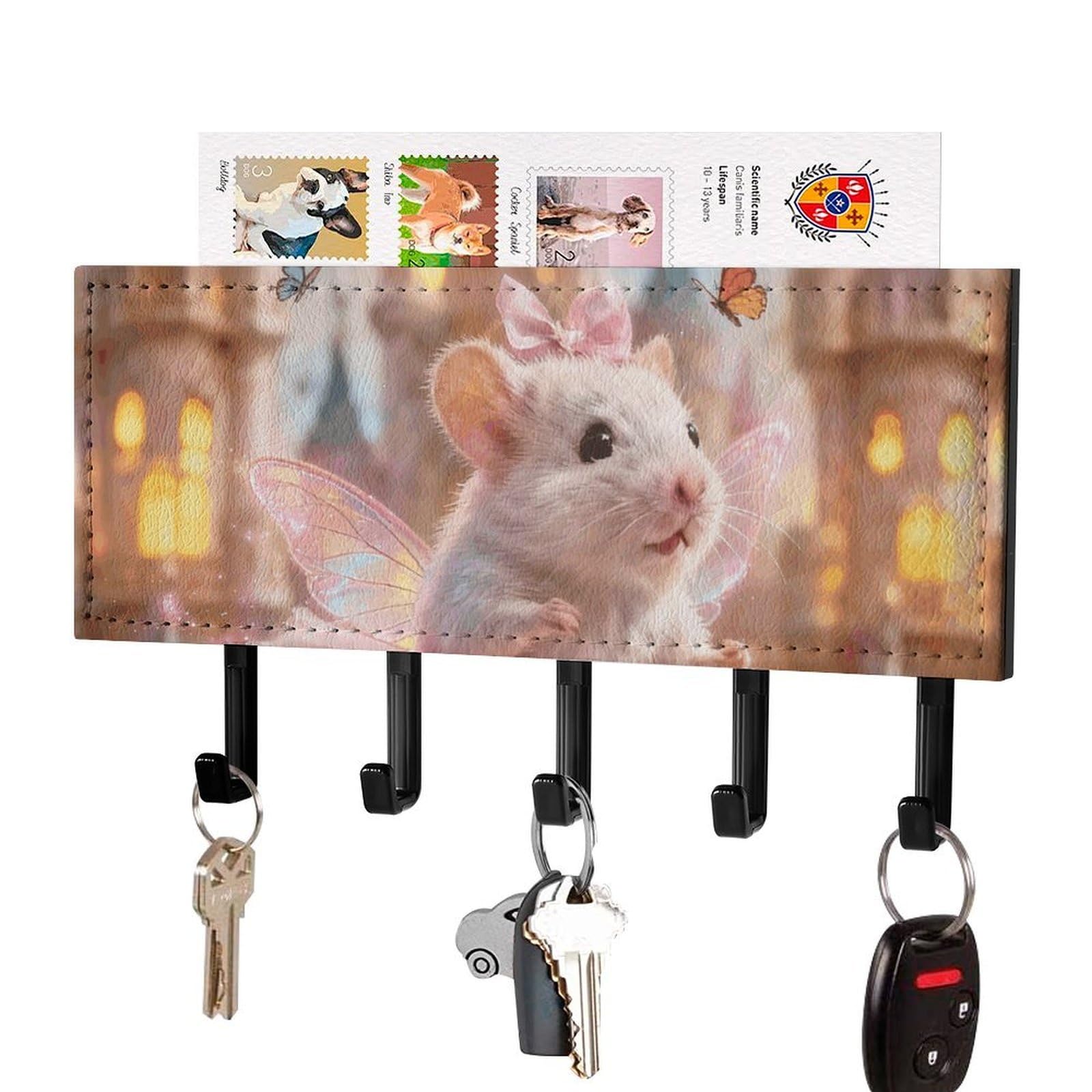 DWVTSLH Pink Hamster Key Holder for Wall, Decorative Key Hooks with Mail Organizer & 5 Hooks, Self Adhesive Leather Key Hanger for Entryway, Wall Mounted Key Rack (7.1” X 4.3” X 0.9”)