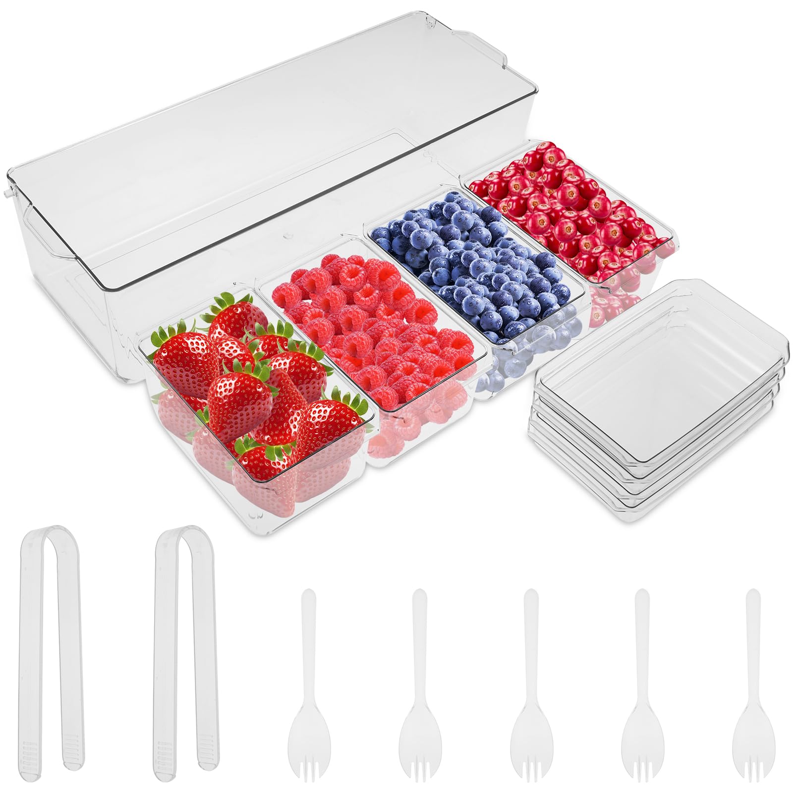 Guijzsltrg Transparent Ice Chilled Condiment Caddy With 4 Containers Condiment Server With Separate Lids Reusable Clear Garnish Tray Include 5 Forks For Bar Accessories Fruit Salad Taco Party Garnish