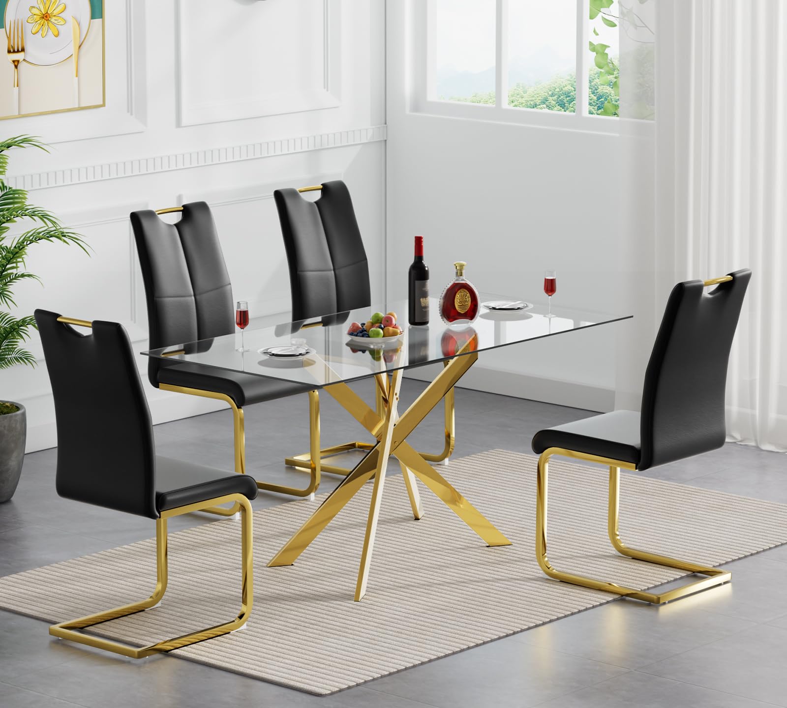 Goujxcy Gold Dining Table Set for 4, Glass Kitchen Table with Chair Set, Modern 51" Rectangle Glass Dining Table and 4 Black PU Leather Chairs with