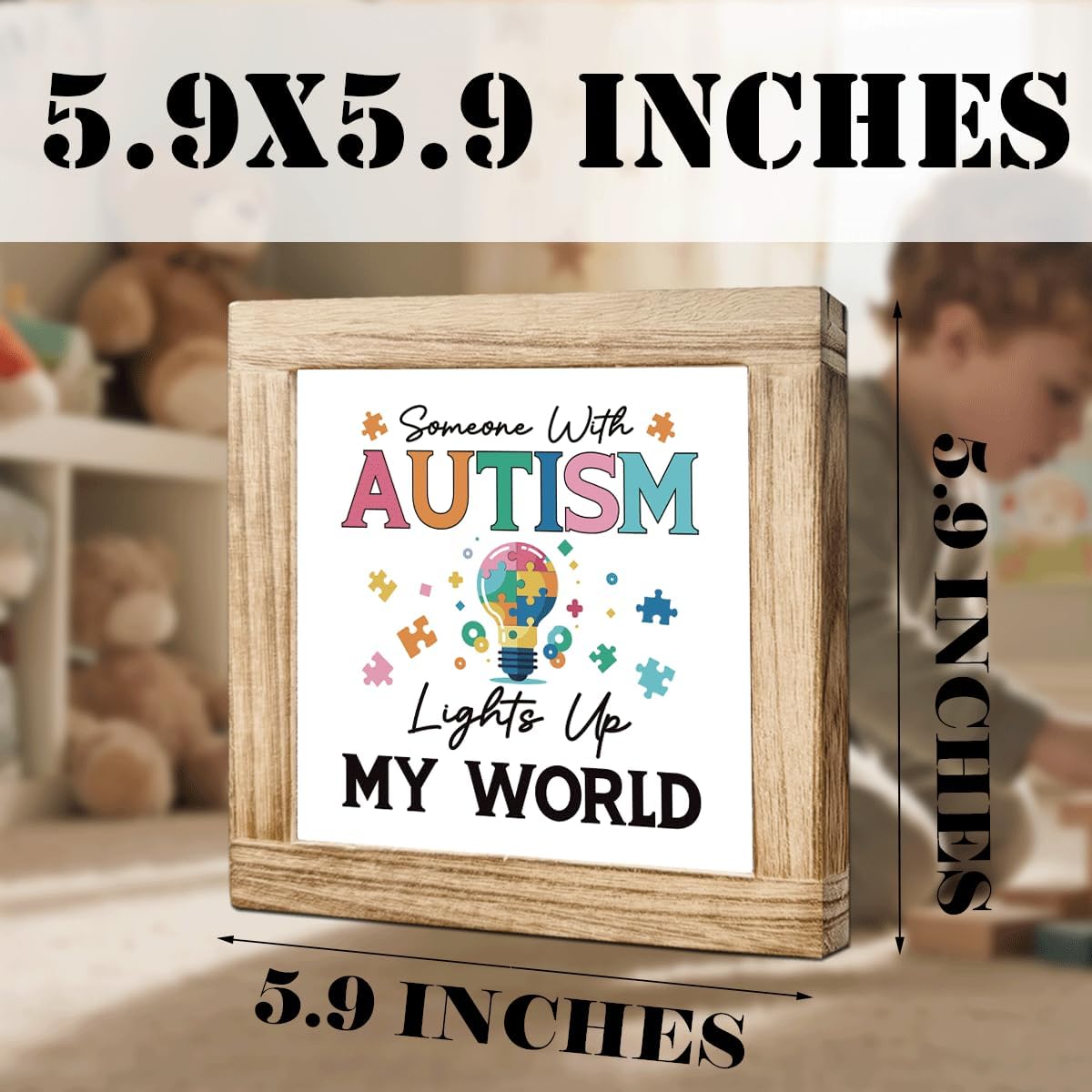 Wood Sign Someone With Autism Lights Up My World Signs Handmade Solid Wooden Plaque Autism Awareness Signs ASD Acceptance Decor Rustic Wood Sign For Home Desk Or Wall ASD Support Gift 5.9x5.9 Inch - Image 3