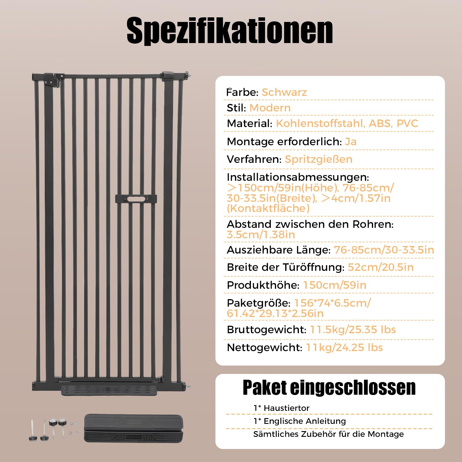 Treppengitter Schutzgitter für Haustiere Extra Hoch 150cm, Treppengitter Ohne Bohren Hundezaun Versenkbare Tür Sicherheitstor mit 2 rutschfeste Fußpedale, für Kinder und Haustiere
