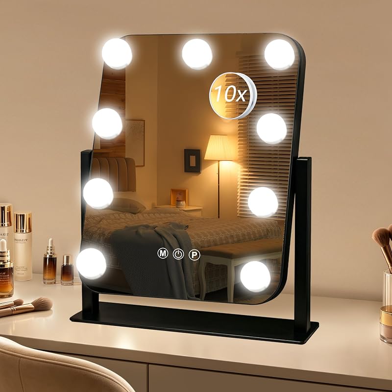 Espelho de mesa Ratsamee com luzes, 33,02 cm x 38,1 cm, base com rotação de 360°, preto