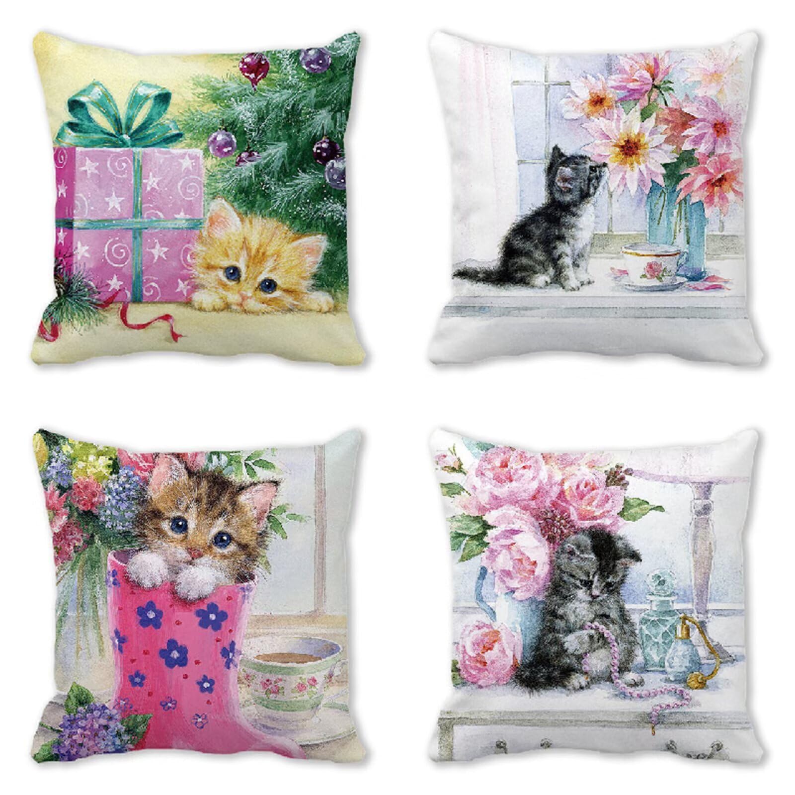 Federe Cuscini Divano 60x60cm Set di 4 Copricuscini Divano Decorativi Moderni Animali Gatti Doppio lato Linen Quadrati Decor Fodere per Cuscini per Divano Sedia Camera da Letto Cuscini Arredo VH-401