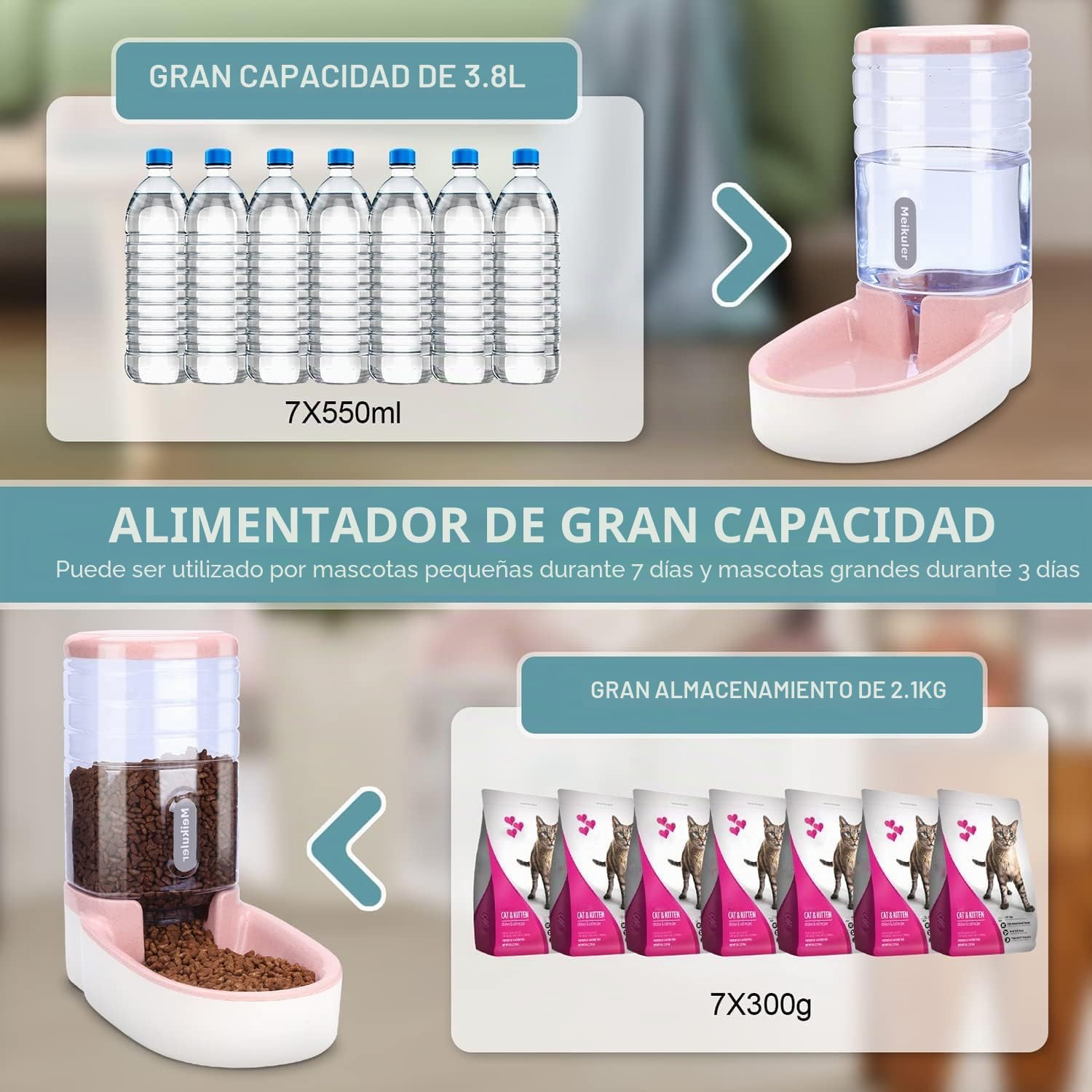 Alimentación automática 3.8l con Pala, dispensador de Agua Potable 3.8l dispensador automático de Alimentos Secos estación de alimentación para Perros, Gatos y Mascotas (Rosa)