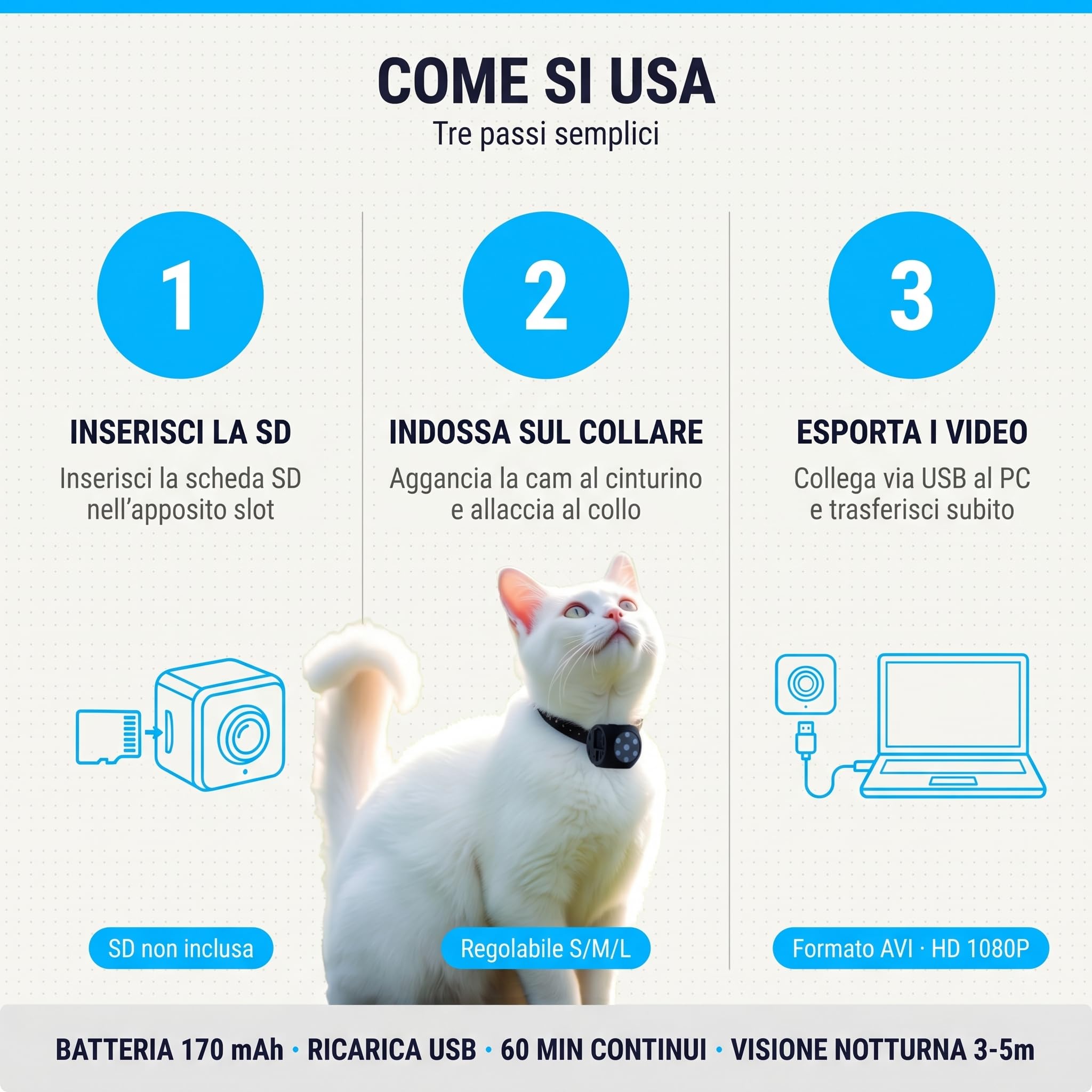 Mini telecamera portatile full hd 1080p, Cani e Gatti visione notturna a infrarossi, registrazione su SD, collare regolabile a strappo (CAMPET1)