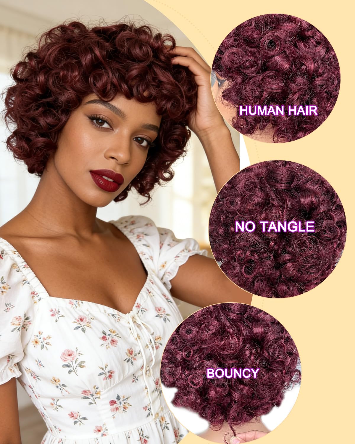 Short Burgundy Wig Human Hair Bouncy Afro Curls Human Hair Wigs for Black Women 180% Density Natural Loose Wave Glueless Wig with Bangs Beginner Friendly