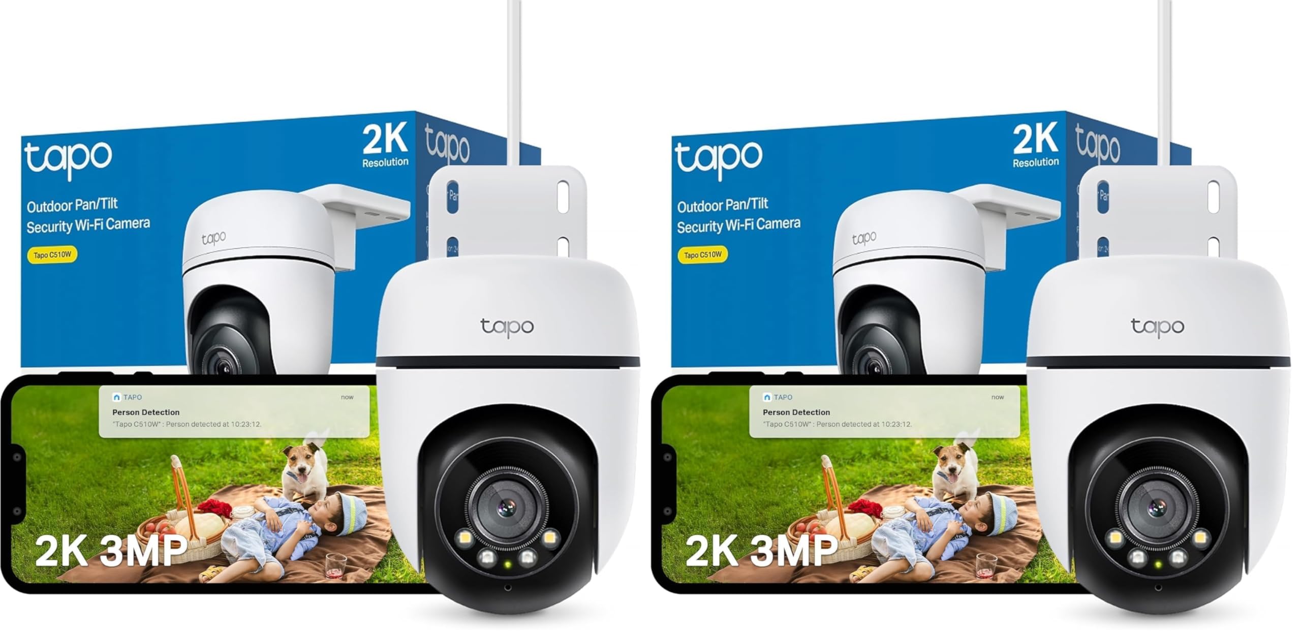 Tapo C510W 2K Caméra de Surveillance WiFi extérieur 360°, Vision Nocturne Couleur, Détection de Personne et Suivi de Mouvement, Étanche IP65, Alarme sonore Personnalisable (Lot de 2)
