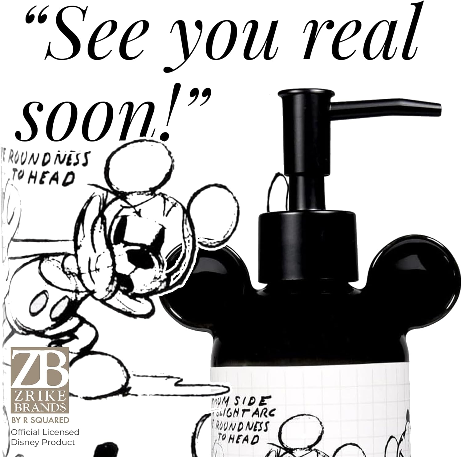 ZB ZRIKE BRANDS BY R SQUARED Disney Bathroom Hand Soap Dispenser by Zrike Brands- Sketchbook Ceramic Refillable Pump Bottle for Lotion, Soap, Shampoo- Original Black & White Brands Accessories
