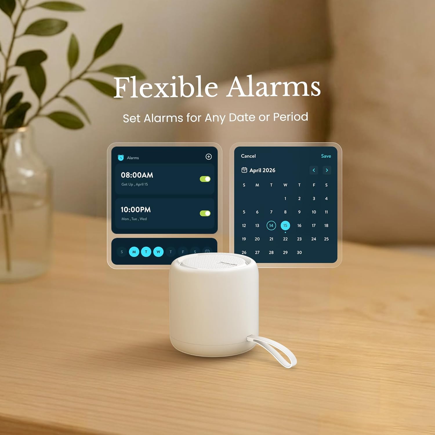 White Noise Sound Machine & Alarm Clock: Color Noises and Custom Soundscapes, App Control, Sleep Schedule, Multiple Alarms, 100 Volume Levels, Built-in Battery