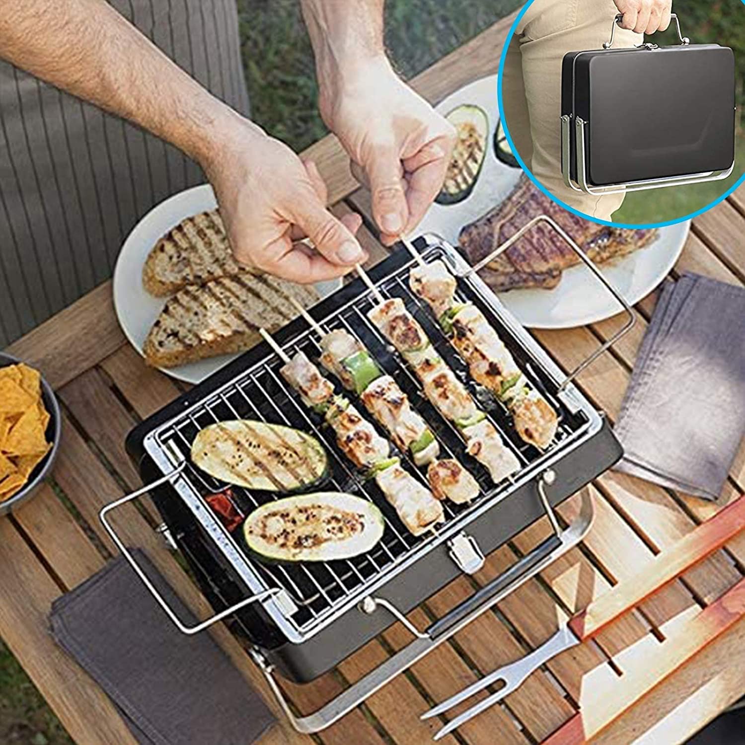 Houtskoolgrill XXL (122 x 30 x 75 cm), draagbare kolengrill, klapgrill, roestvrij staal, BBQ houtskoolgrill met antiaanbakpan, instelbare ventilatieopeningen, campinggrill, voor tuin, picknick