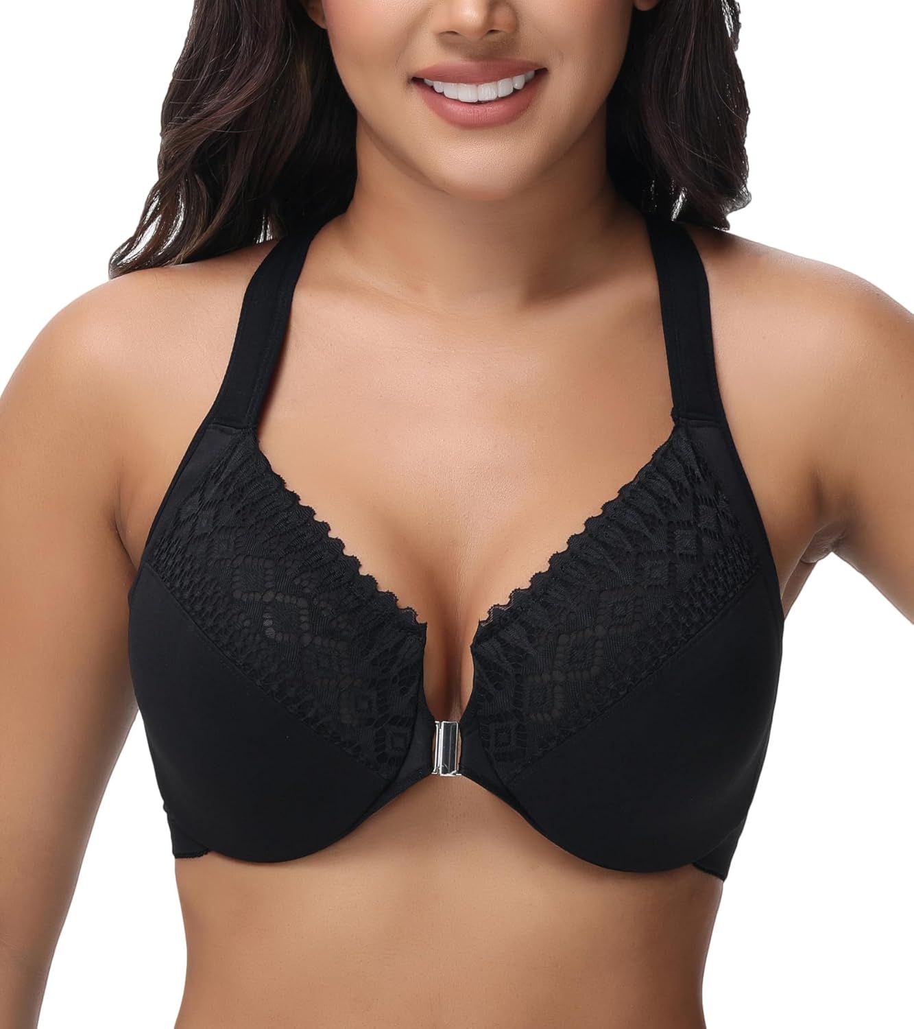 Plus Size Racerback Front Closure Bra for Women Unlined Underwire Wide Strap
