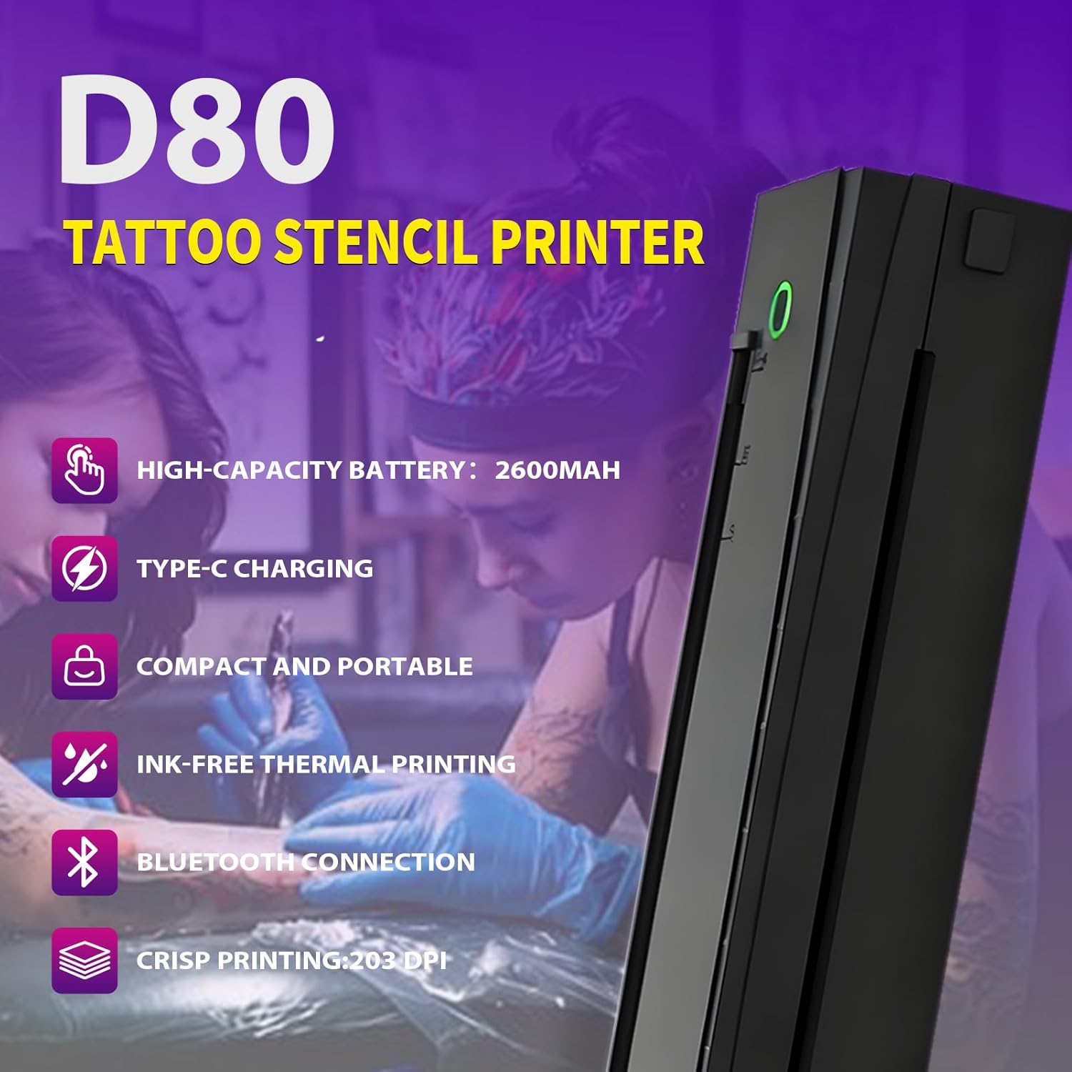 Tattoo Stencil Printer, Bluetooth Thermal Tattoo Printer Machine, D80 Portable Stencil Printers for Tattooing with 10pcs Transfer Paper, Compatible with iOS, Android and PC(Black)
