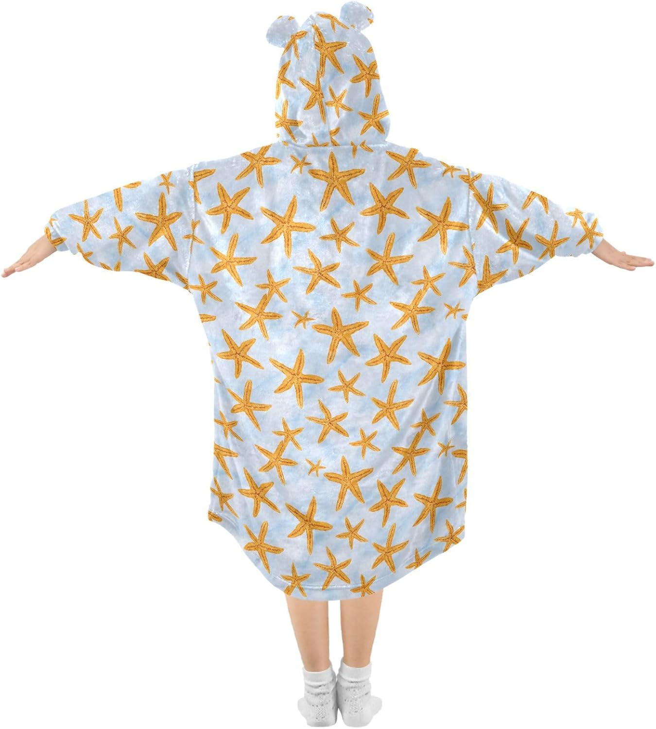 Watercolor Starfish Orange Pattern Wearable Blankets for Kids, Soft Warm Cozy Blanket Hoodie for Boys Girls with Pocket