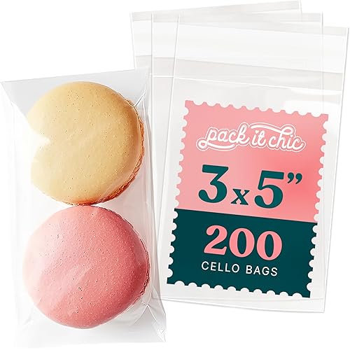 3" X 5" Self Sealing Cellophane Bags (200 Pack) - Clear Cookie Bags With Seal for Baked Goods Packaging, Cookie Wrappers, Bakery Packaging, Bake Sale, Candy, Treats, Goodies, Gifts, Party Favors