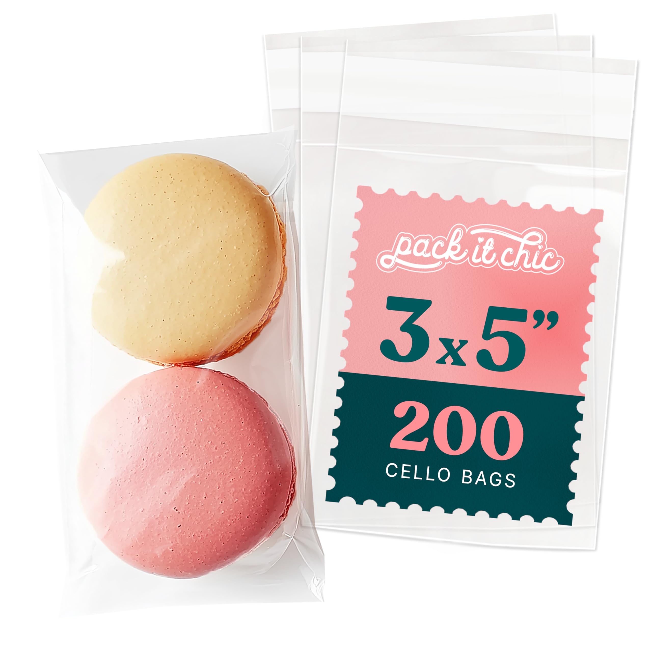 Pack It Chic - 3" X 5" Clear Self Sealing Cellophane Bags (200 Pack) - Cookie Bags With Resealable Adhesive for Baked Goods Packaging, Candy, Treats, Bakery, Party Favors