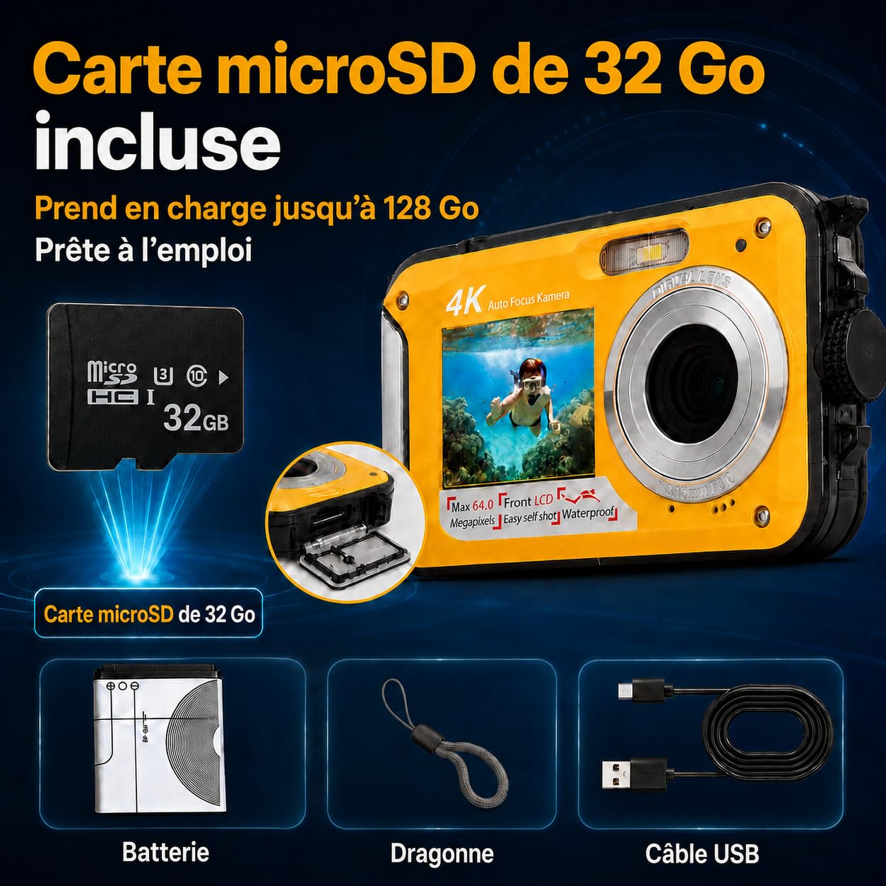 Appareil Photo Étanche Plongée 4K 64Mpx Double Écran