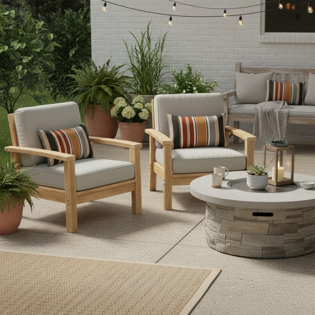 Set of 2 Outdoor Throw Pillows 19 x 12 Inch – Reversible Rectangle Patio Accent Pillows – Weather-Resistant Polyester Fabric – Eco-Friendly Recycled Polyfiber Fill – Brick Stripe