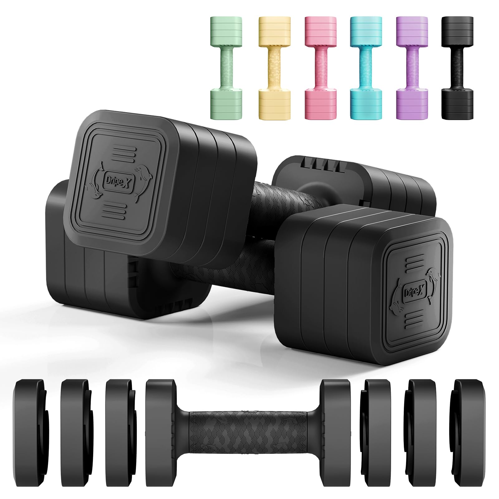 Dripex Lot de 2 Haltères Musculation Réglables 2,5 kg 5 kg 7,5kg 10kg Poids Musculation avec Poignée pour Femme Homme Gym à Domicile Entraînement