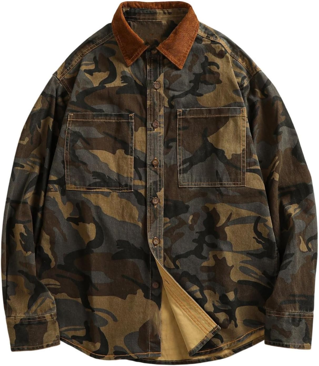 Men's Cotton Military Style Long Sleeve Work Shirt Relaxed Fit Patchwork Washed Vintage Wash