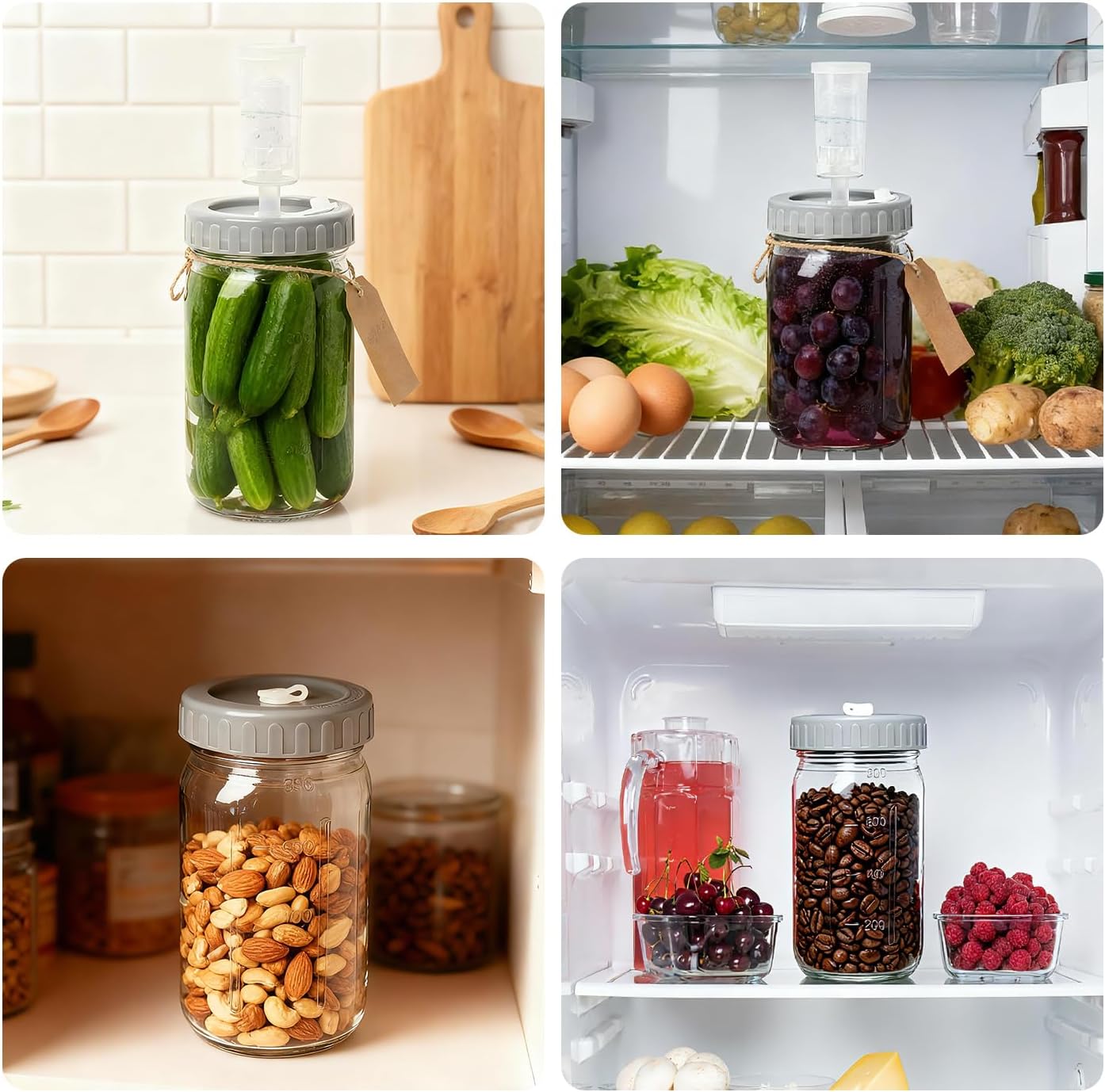 4-Pack Mason Jar Fermentation Kit(Jars Included) Four 32oz Fermentation Jars with Plastic Fermenting Lids, Airlocks, Silicone Rings & Grommets, and Glass Weights for Easy Fermenting & Storage - Image 7