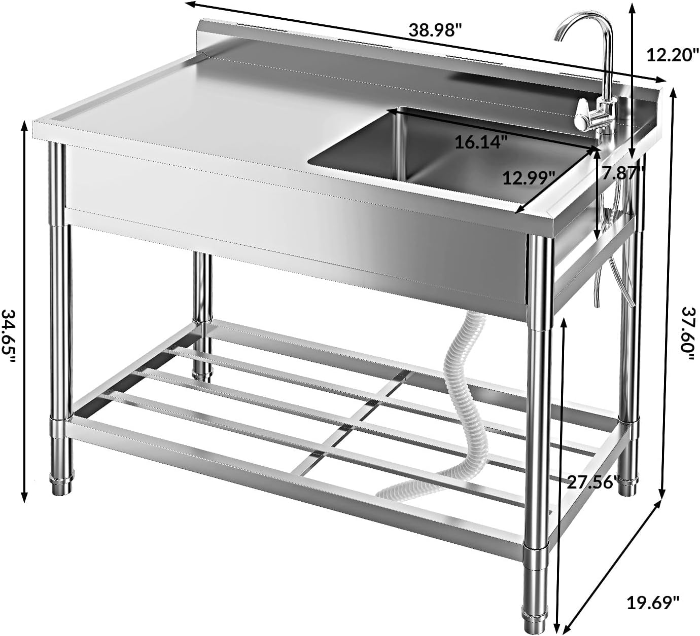 39 Inch Stainless Steel Utility Sink, Free Standing Single Bowl Commercial Sink with Faucet, Cold & Hot Water Pipe, Storage Shelf and Drain Kit, for Kitchen, Bathroom, Laundry Room, Garage