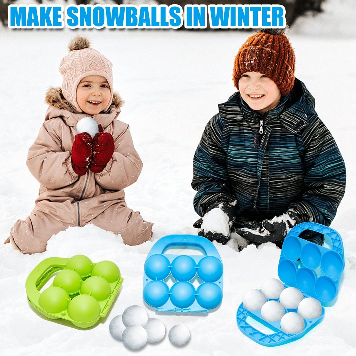 Holady 2 Pack Snowball Makers - Makes 6 Snowballs at Once - Outdoor Winter Snow Toys for Kids and Adults, Snowball Maker Tool with Handle for Snow Ball Fights（Blue,Green）