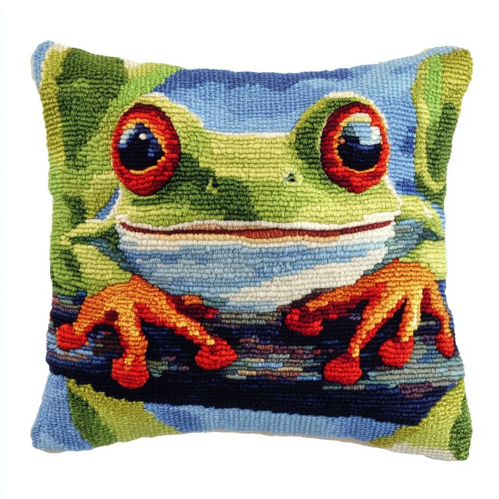 Taxpy DIY Latch Hook Kits, Animal Frog Needlework Pillow Cover 43x43cm DIY Hooks Knitted Embroidered Carpet Pillow Embroidery Latch Hook Carpet Kit