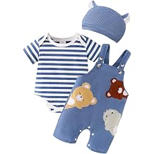 Baby Boy Clothes Newborn Striped Romper Infant Bear Suspender Overall Cute Hat 3Pcs Set Summer Outfits 0-18 Months