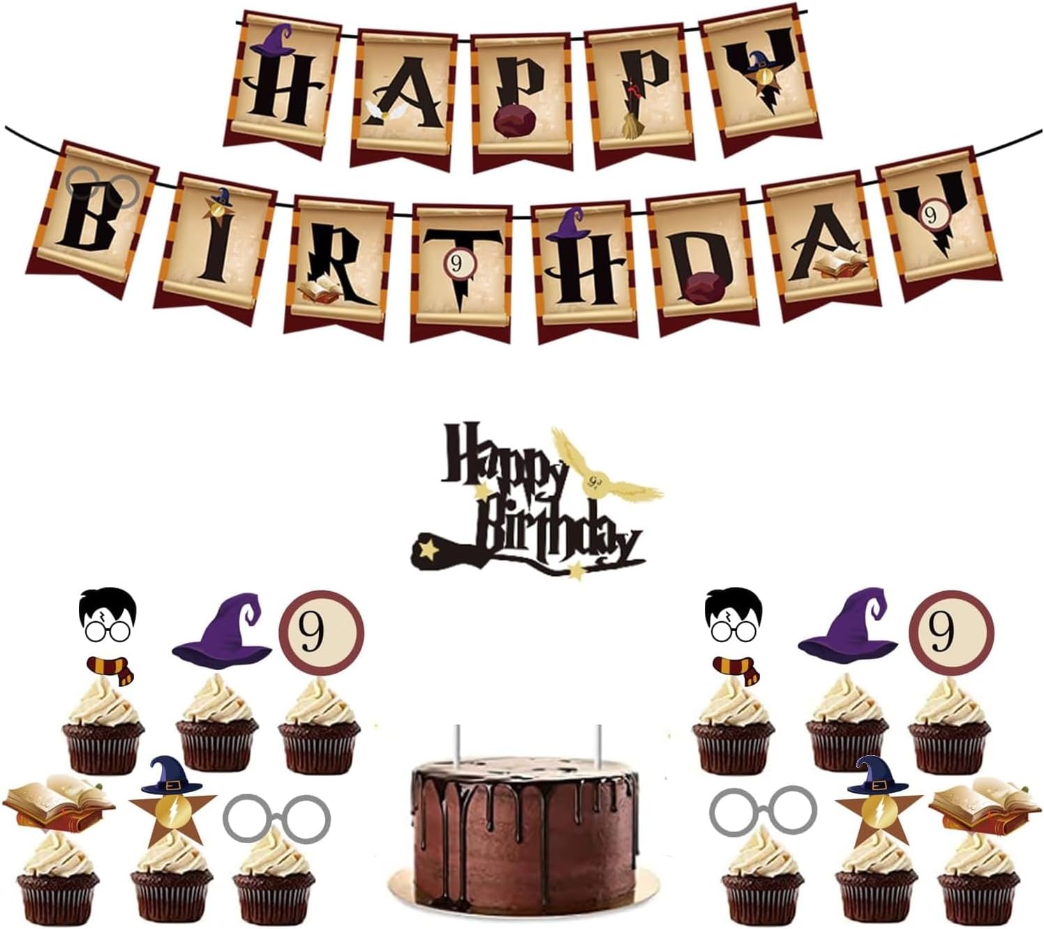 Finypa Magic Wizard Happy Birthday Banner Party Supplies Set with 30 Pieces Cupcake Toppers for Potter Themed Party