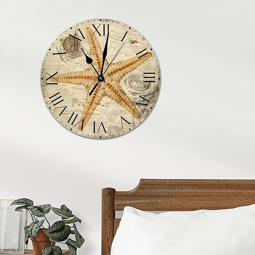 Miniatura 69 de ArogGeld Reloj de pared con diseño de estrella de mar antigua francesa, de cloruro de polivinilo, con números romanos, de 10 pulgadas, funciona