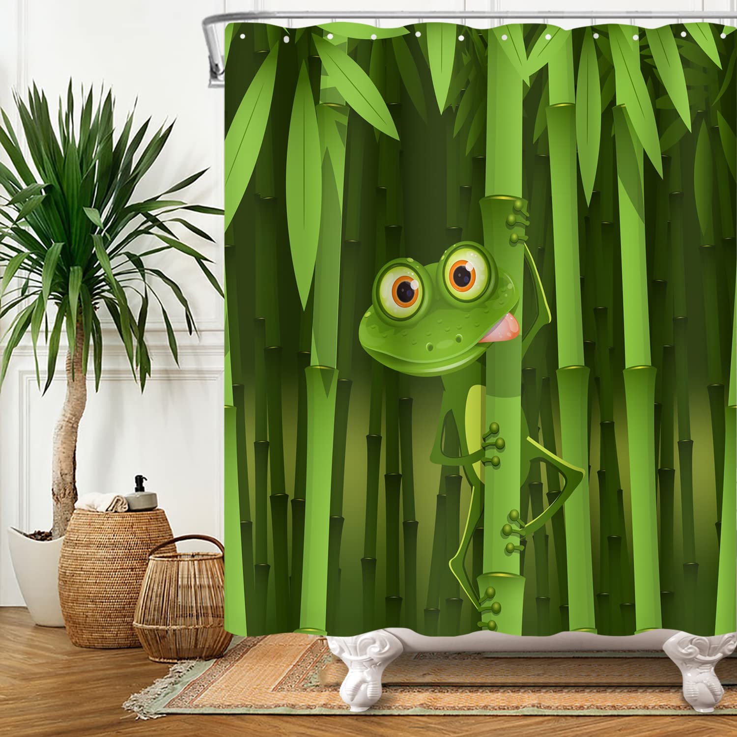SDOTPMT 180x180cm Cute Frog Shower Curtain Funny Frog Bamboo Cartoon Animal Abstract Tree Leaves Bath Curtain Green Bathtub Curtain for Kids Bathroom Fabric Polyester Waterproof with Hooks - Image 3