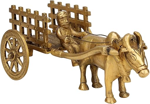 Kartique Brass Bullock Cart Showpiece with Farmer for Home Office Decor in Gold Color Length 6.5 Inch