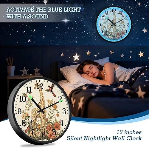 Miniatura 7 de Luminous Voice-Activated Wall Clock Modern Battery Operated Silent Non-Ticking Clock Giraffe Birds Flowers Botanical Illustration Vintage Style 12