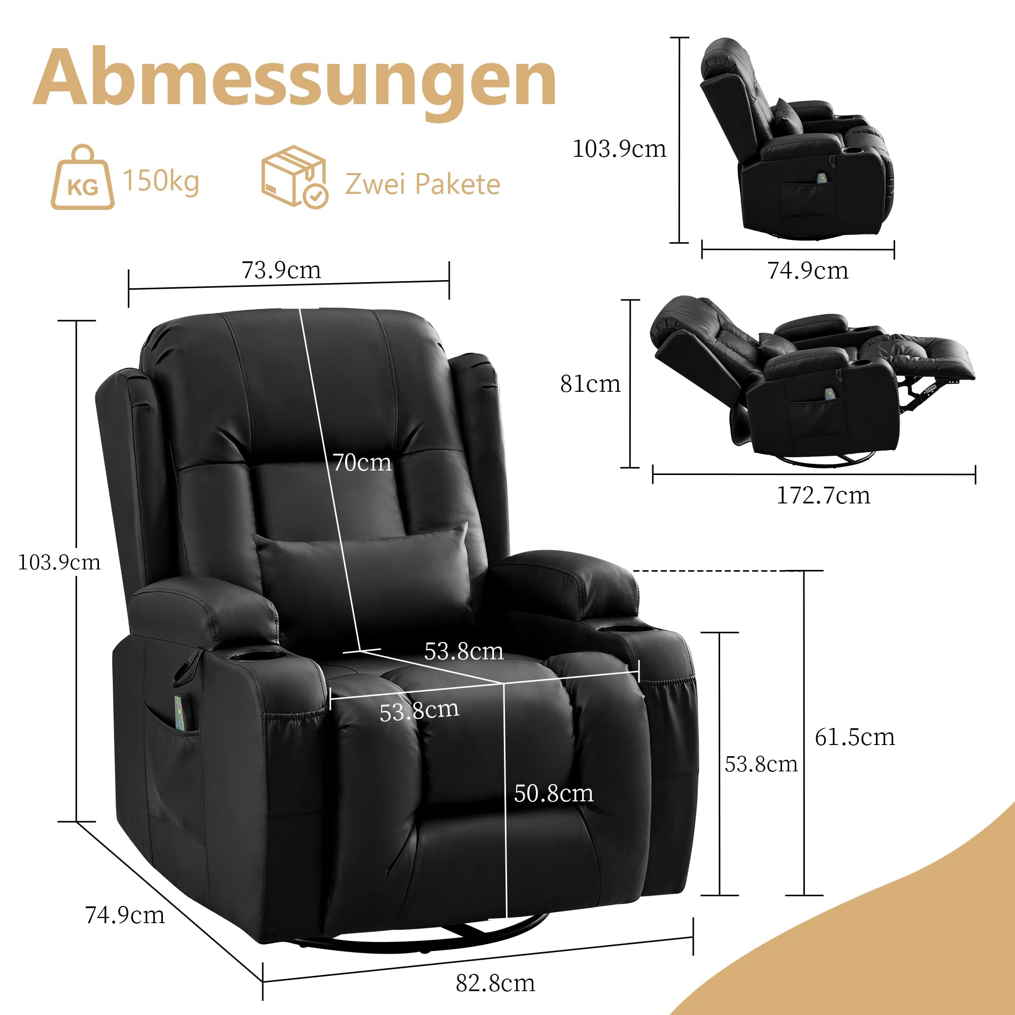 Relaxsessel mit Liegefunktion, Massagesessel mit Wärmefunktion, 360° Drehbarer Fernsehsessel Wohnzimmer, Schaukelstuhl mit Kissen/Seitentaschen/Getränkehalter (Schwarz)