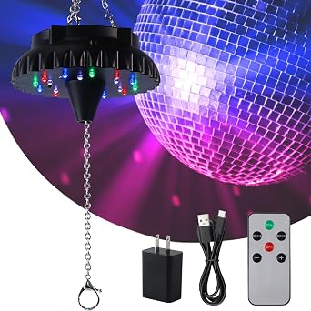 Rechargeable Disco Ball Motor with Remote Rotating Hanging Disco Ball Spinner with Built-in 4000 mAh Rechargeable Battery, Adjustable Speed - 18RGBW LED Light for 6 8 10 inch Mirror Balls