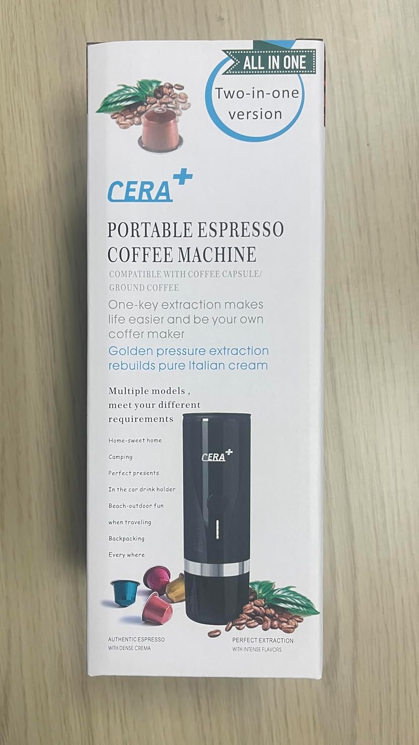 CERA+ portable espresso maker being placed into a brown leather bag