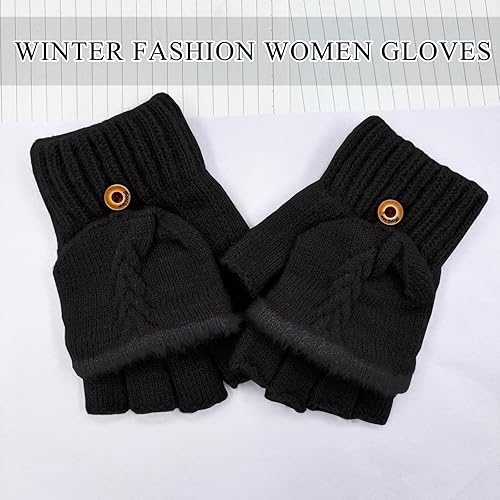 Miniatura 75 de Beurlike Guantes de invierno para mujer, de lana cálida, a prueba de viento, convertibles, sin dedos Negro