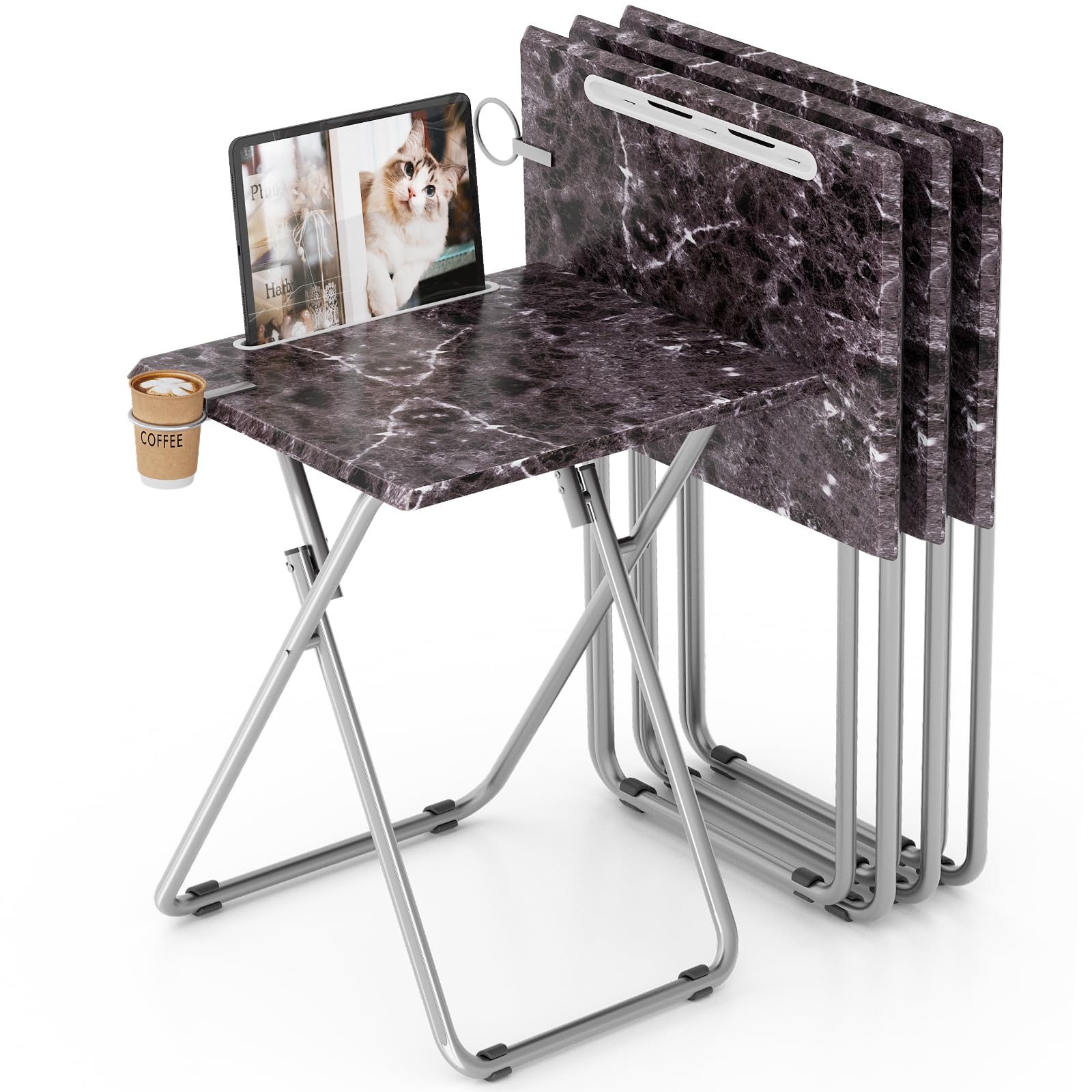 folding tv tray table with cup holder, tv dinner table with sturdy mdf top, eating trays with tablet slot for living room, bedroom, sofa (black marble, 4pcs)