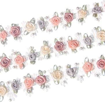2 Yards Flower Ribbon Lace Trim,1.1 Inch Wide Pearl Rose Flowers Lace for Crafts Appliques Embellishments,Boho Ribbon Floral Laces for Sewing,Wedding Decoration,DIY #4 Multicolored