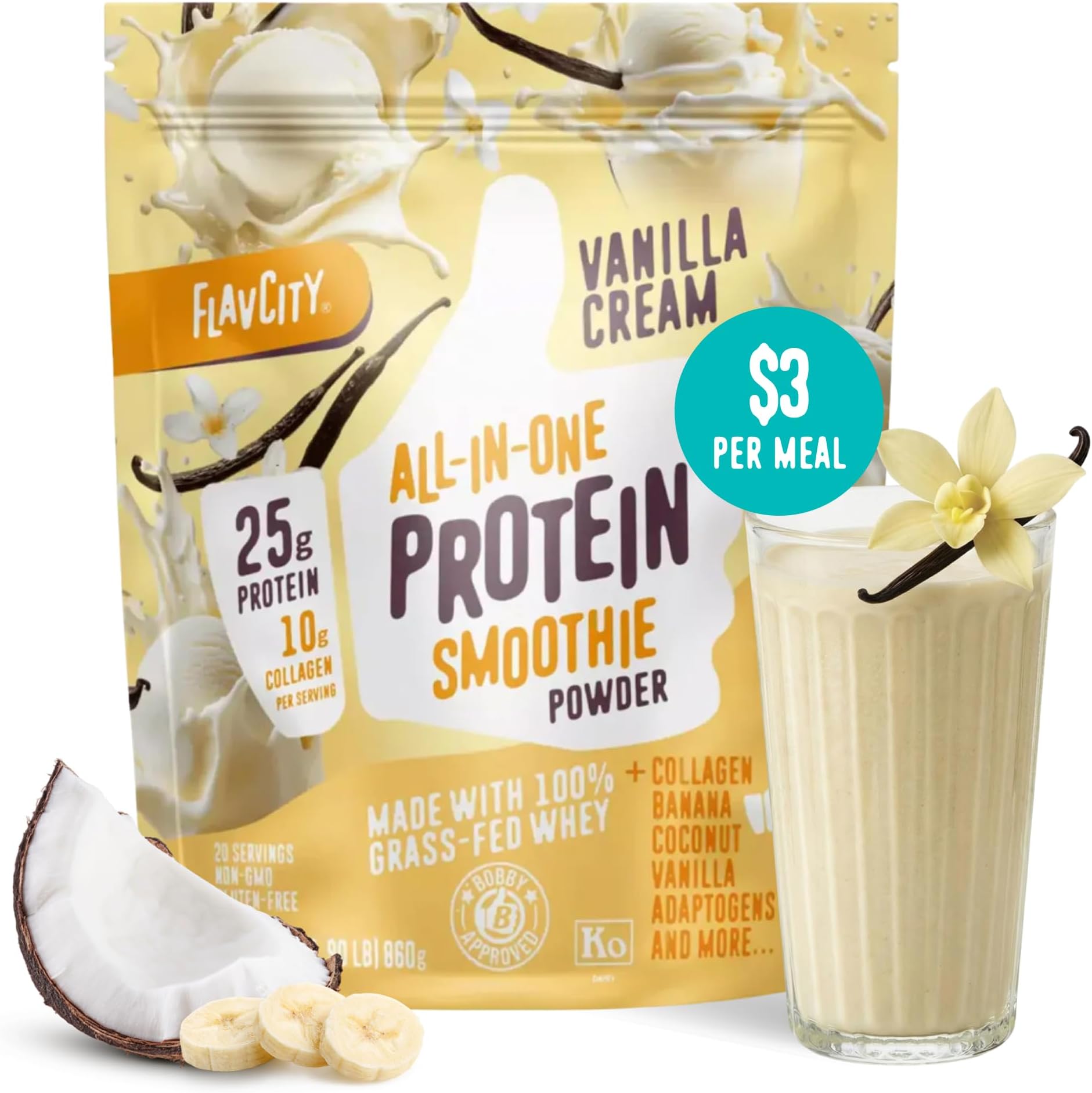 Vanilla All in One Protein Shake Powder - On the Go Meal Alternative + Collagen Peptides, Reishi & Cordyceps - Focus, Skin, Hair & Joint Support - 100% Grass Fed Whey, 20 Servings
