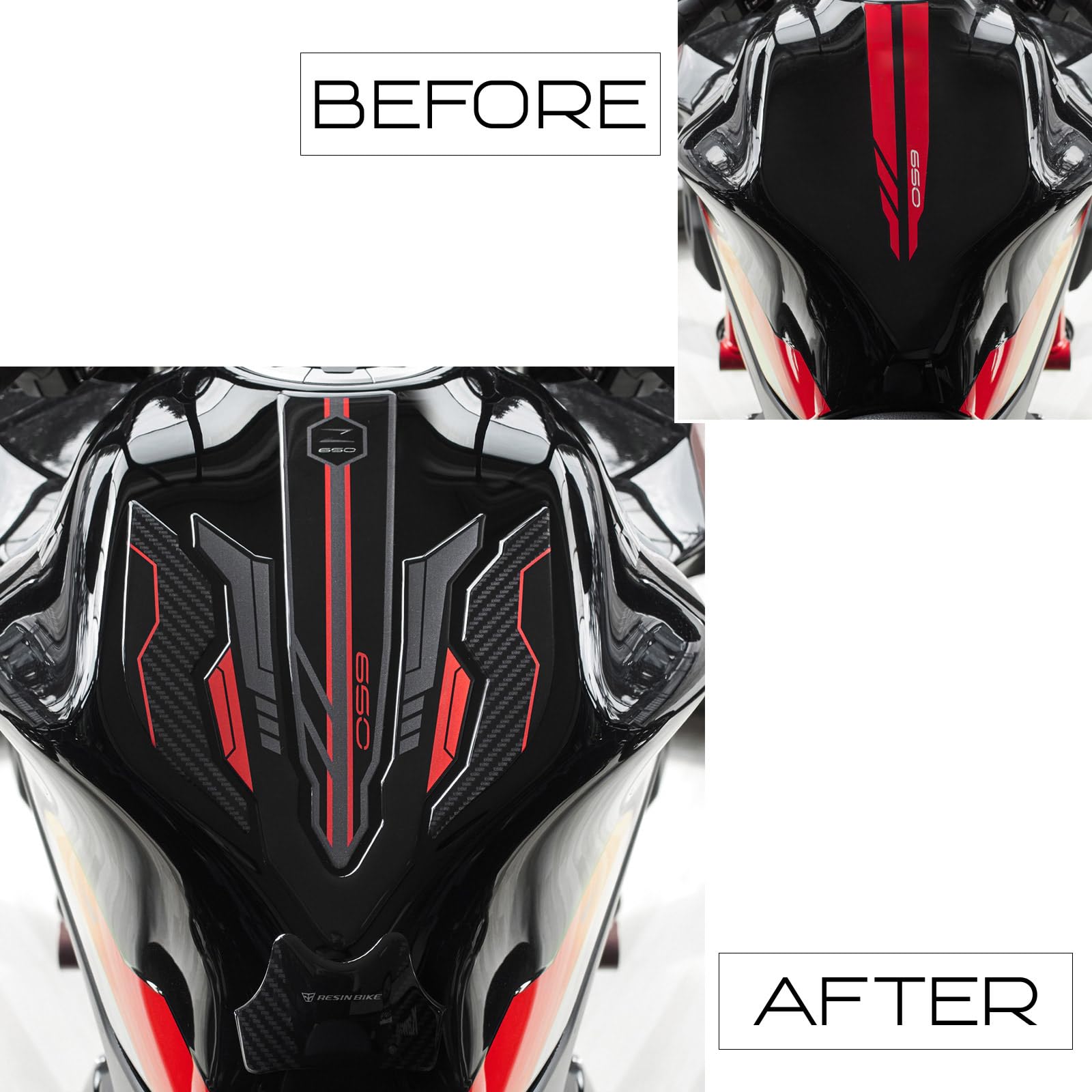 Resin Bike Adhesivos de Moto Compatibles con Kawasaki Z650 2024 Candy Persimmon Red/Ebony. Protection de Tanque de Choques y Arañazos de Moto. Pegatinas 3D Resinadas Made in Italy