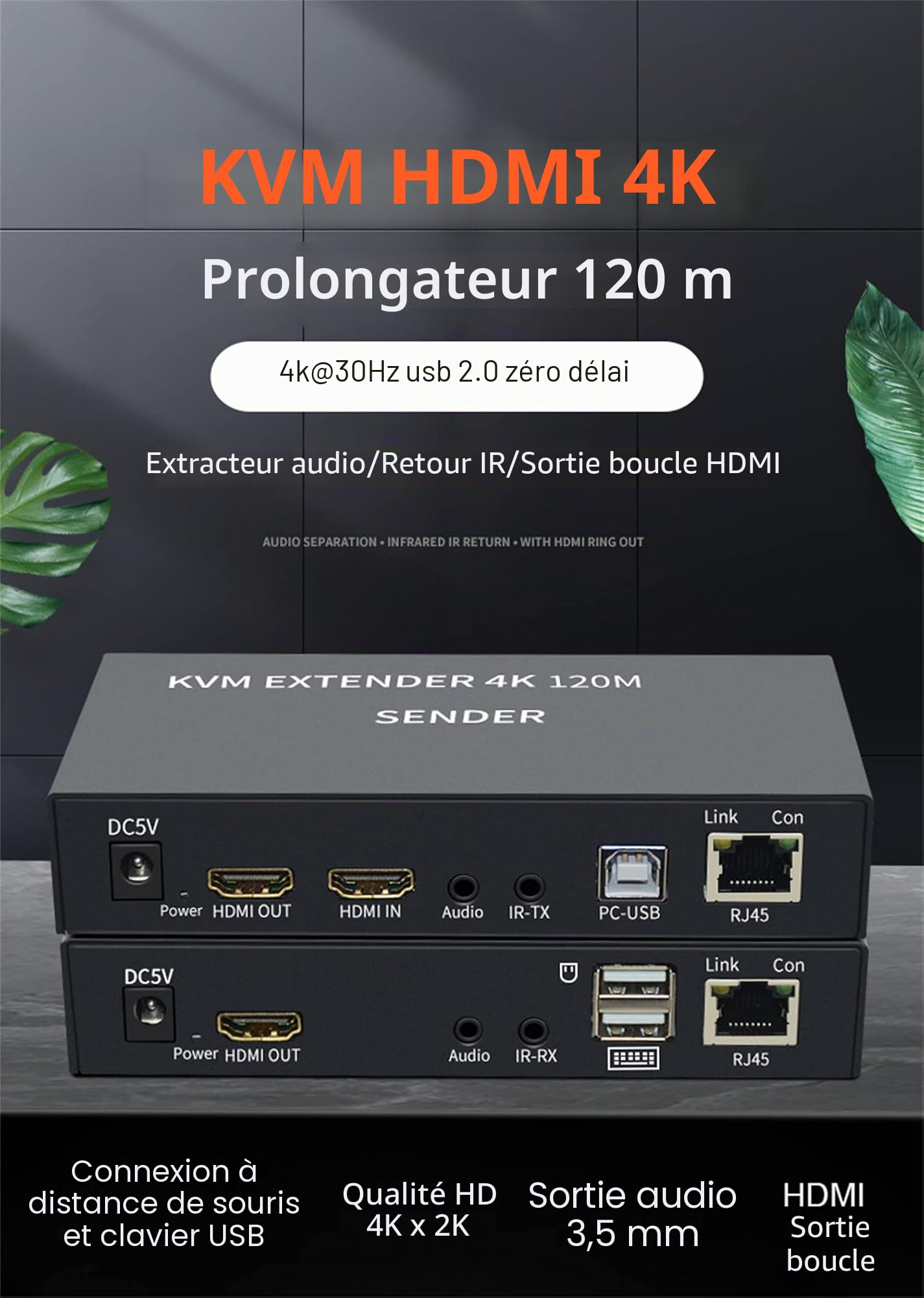 KVM EXTENDER 4K 120M Récepteur KVM HDMI 4K sur câble Ethernet Cat5e/6 120 m HDMI USB Extender Vidéo Audio Récepteur Prise en charge Clavier Souris Bouton-poussoir Noir ON-OFF