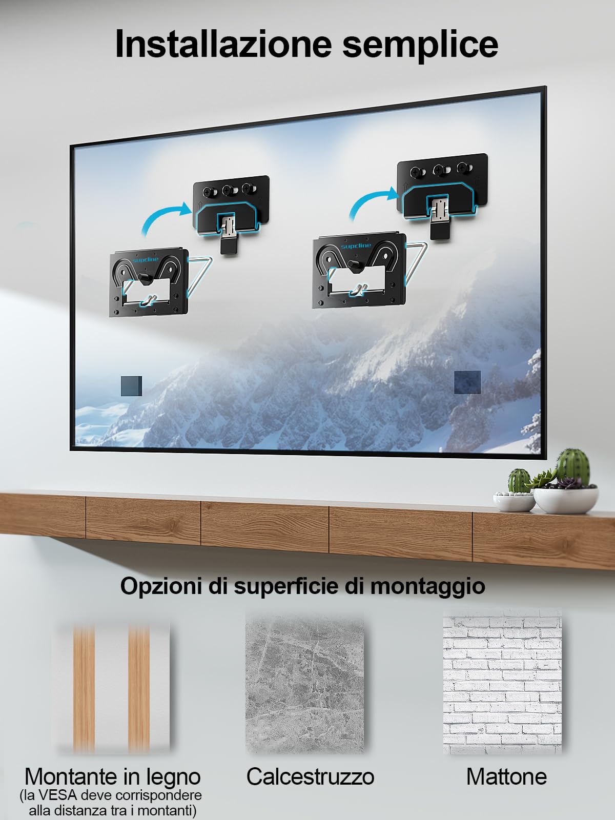 Supcline Supporto da Parete per TV Ultra Sottile Compatibile con TV Piatti e tvs a Cornice 4K LED LCD QLED da 14”-80”, Staffa tv a Basso Profilo, Aspetto Minimalista, Sostiene Fino a 45KG