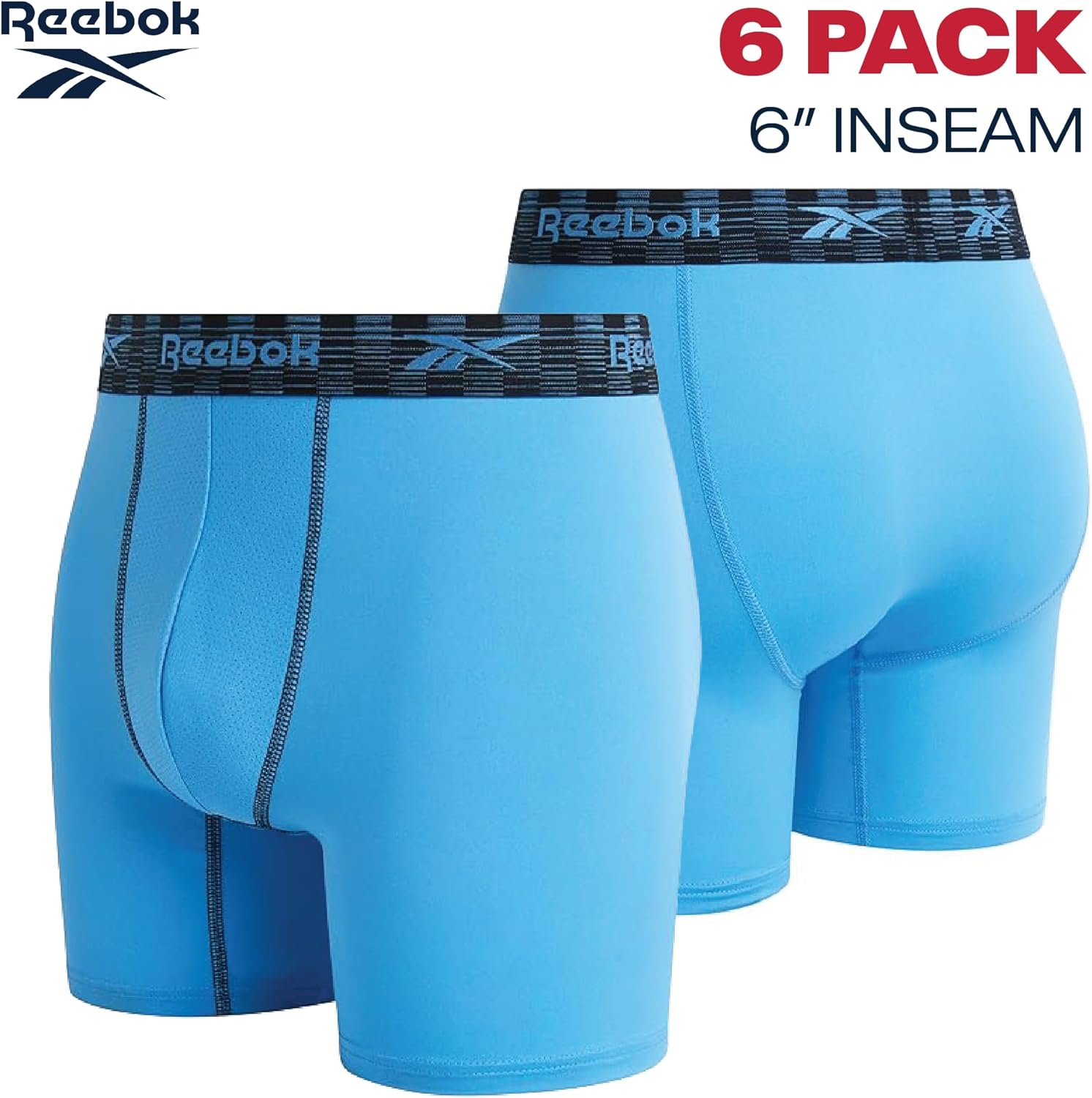 Reebok Mens Boxer Briefs - 6 Pack Stretch Moisture Wicking 6” Inseam Mens Underwear with Contour Pouch Boxers for Men