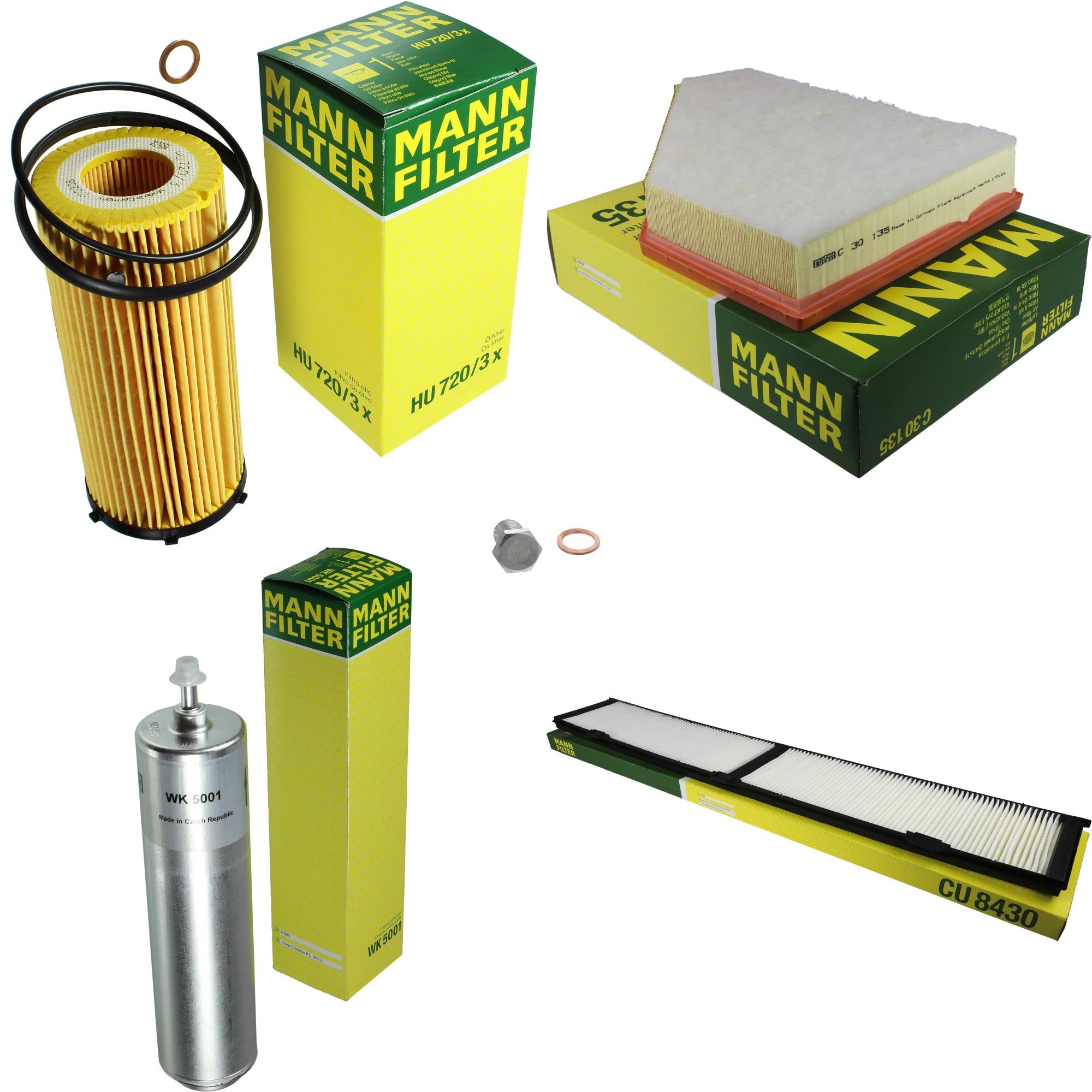 Paquete de inspección Kit de mantenimiento de filtros con filtro de aceite HU 720/3 x, filtro de aire C 30 135, filtro de combustible WK 5001, filtro de habitáculo CU 8430, tornillo de