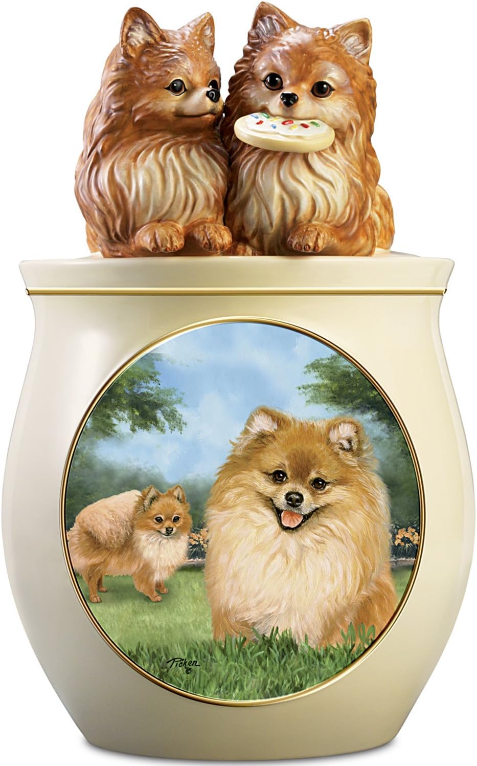 Linda Picken Pomeranian Art Ceramic Cookie Jar With Sculpted Pomeranians On Lid by The Bradford Exchange