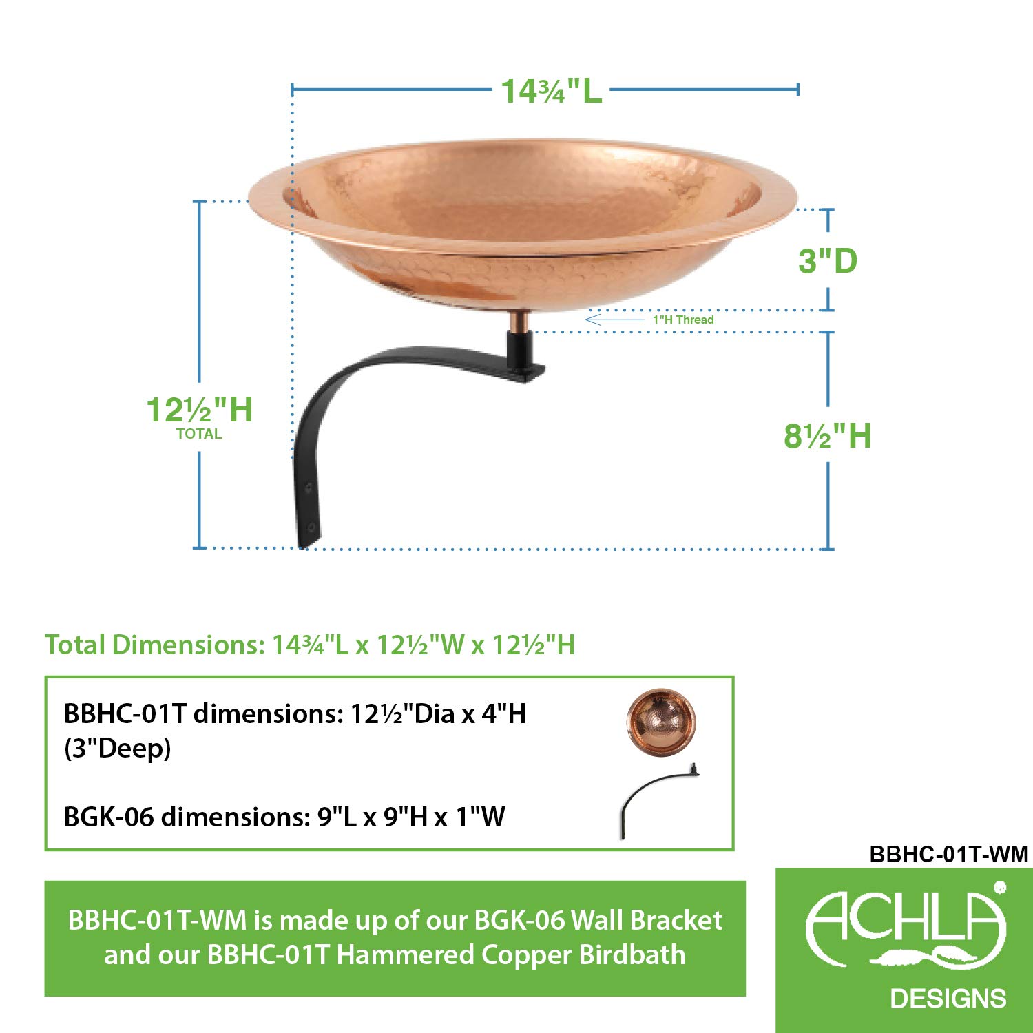 Achla Designs BBHC-01T-WM - Soporte de pared de cobre martillado para pájaros, chapado pulido, negro