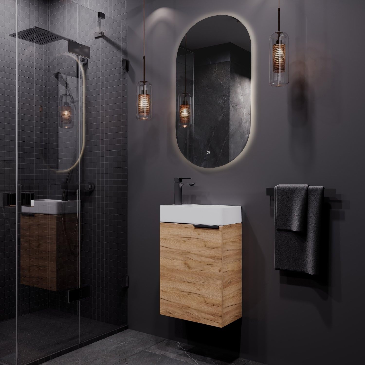 Planetmöbel Waschtisch mit Unterschrank 40 cm Waschbeckenunterschrank, Badmöbel-Set mit Waschbecken für kleine Bäder, Gäste WC, Gold Eiche