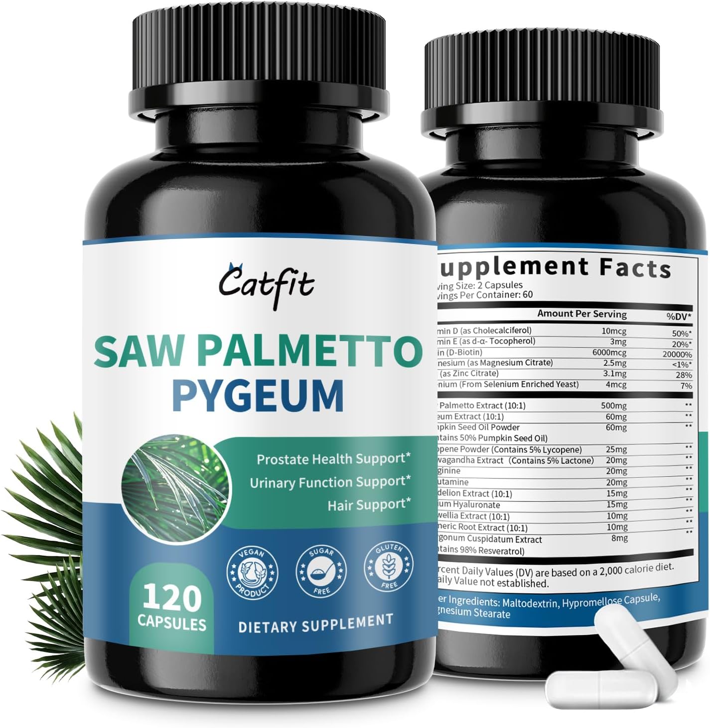 Catfit Saw Palmetto for Men โ Prostate Health & Urinary Support & DHT Blocker, Hair Health with Biotin 6000mcg, Pumpkin Seed Oil, Pygeum & Lycopene โ Energy & Vitality Formula, 120 Capsules